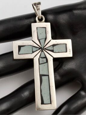 Vintage Taxco Large Cross Necklace Pendant, Sterling Silver with Mosaic Inlay